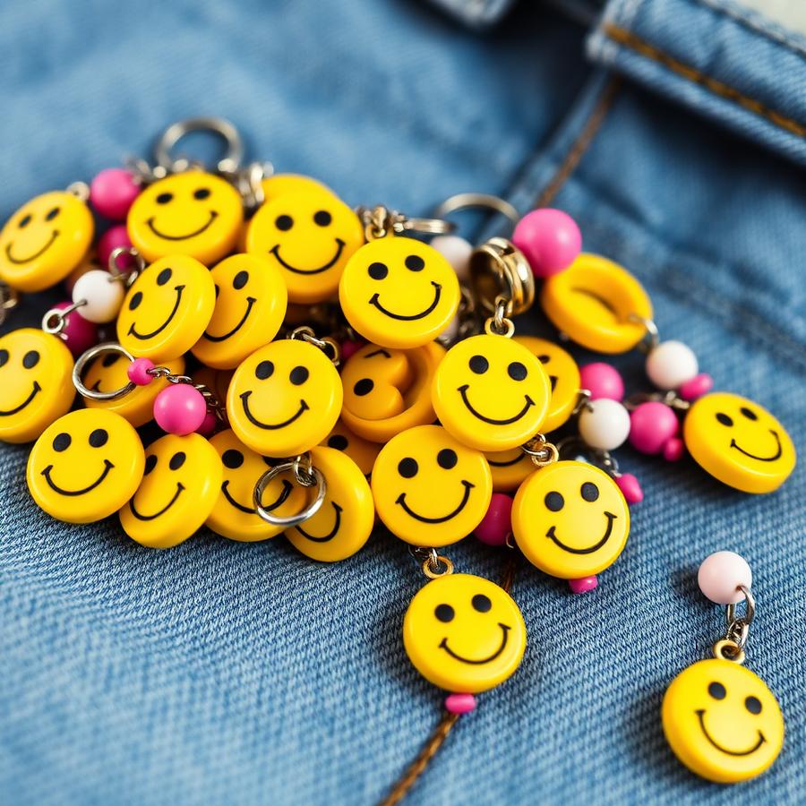 Breloques smiley jaunes Maison 90 sur du denim